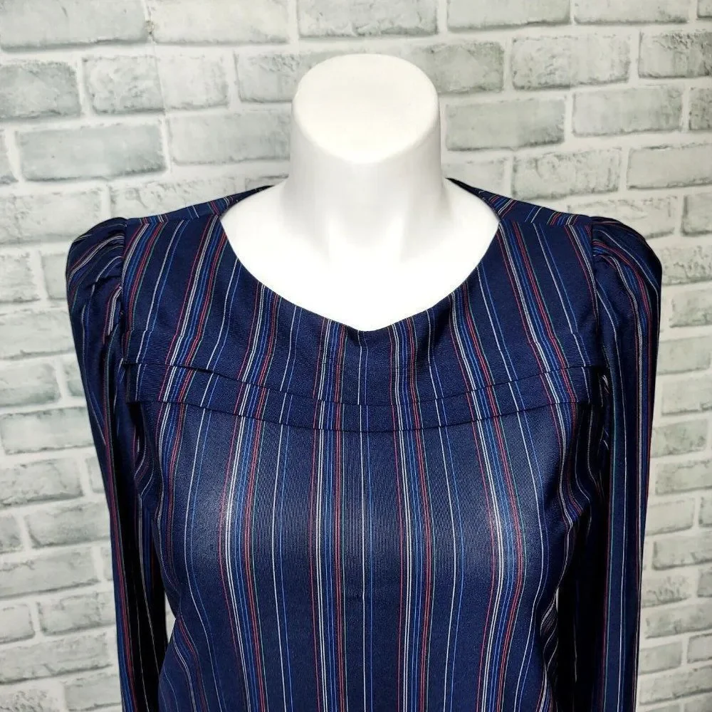 Vintage 70 Sally Petite Womens L Navy Sheer Striped Bateau Neck Blouse Secretary